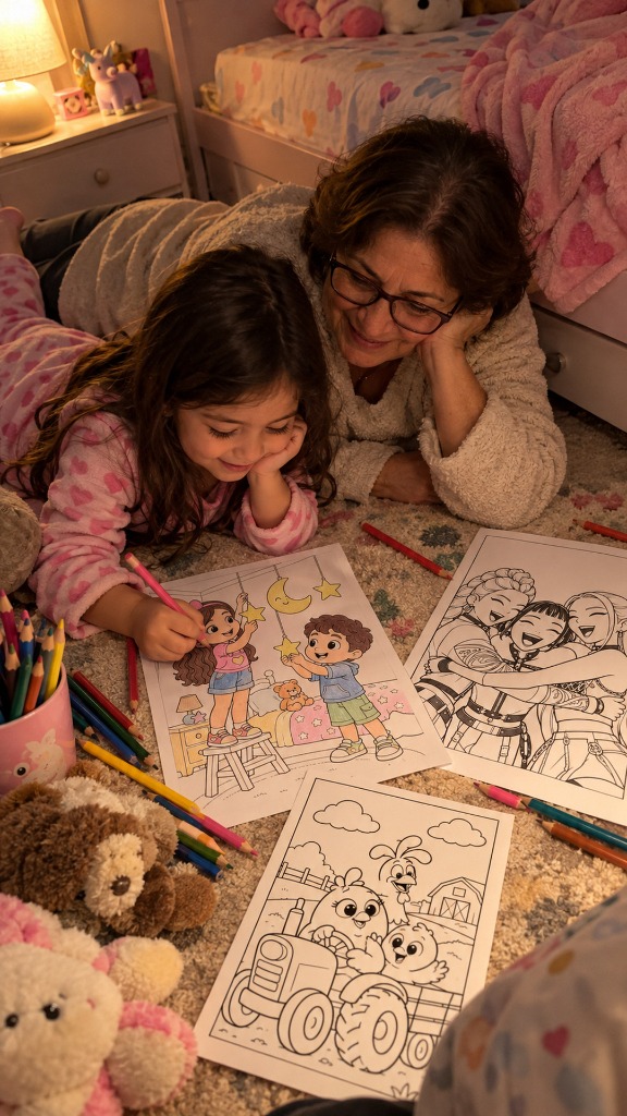 Vovó e netinha Luiza deitadas no tapete colorindo com lápis de cor