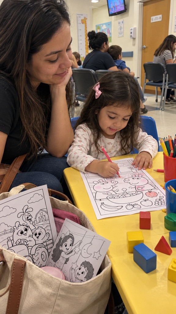 Mamãe e filhinha Sofia na mesinha infantil colorindo Peppa Pig