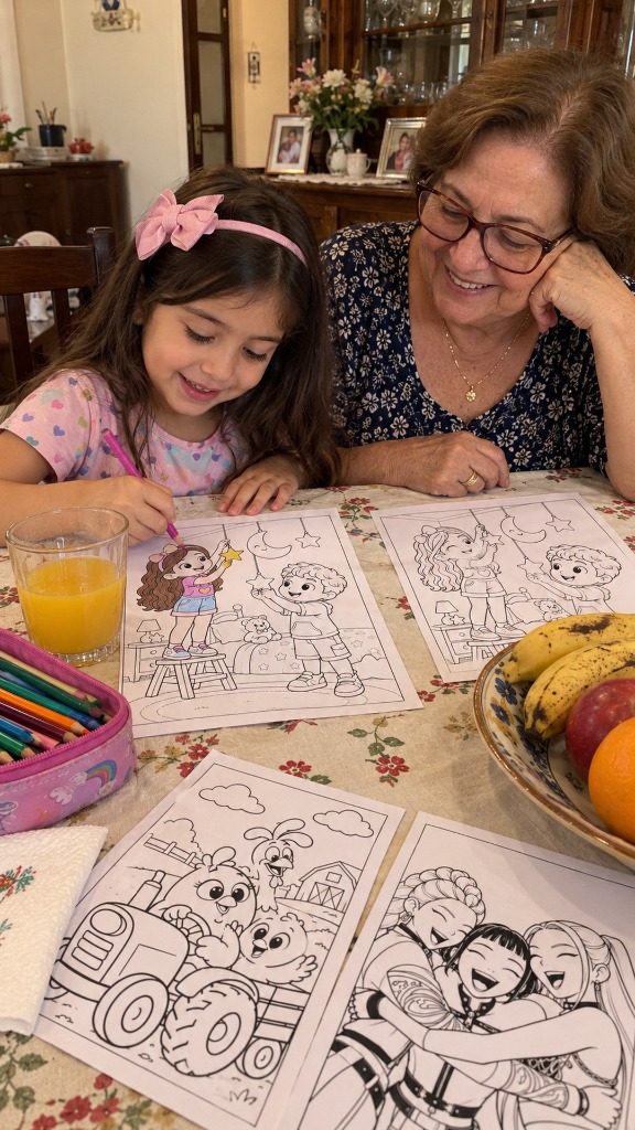 Vovó coruja e neta Maria Clara na mesa de jantar se divertindo ao pintar